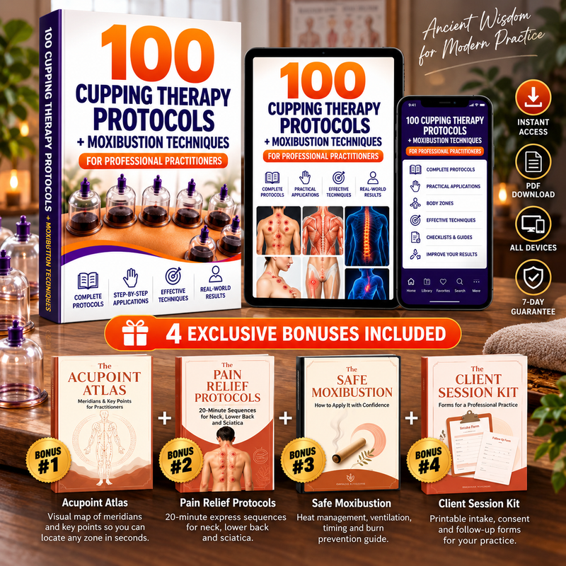 Everything included: 100 Cupping Therapy Protocols manual, mobile and tablet versions, plus the 4 free bonuses